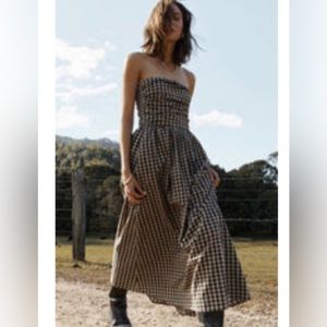 Dissh Elm Beige Gingham Strapless Dress